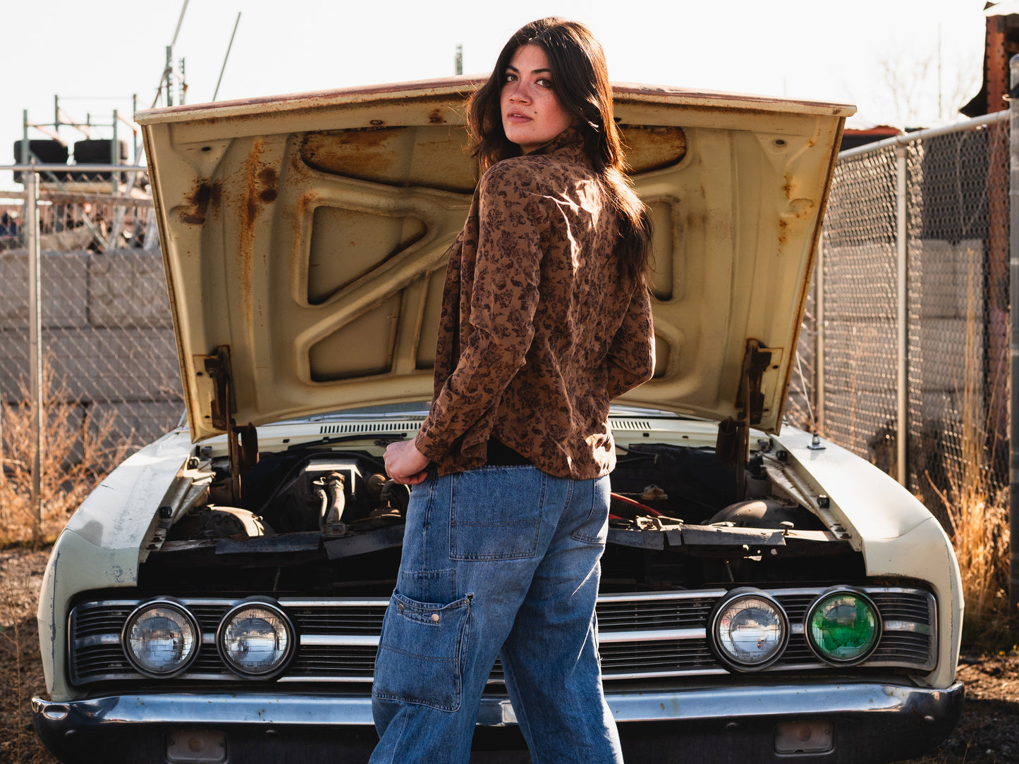 Brown Floral Print Button-Up