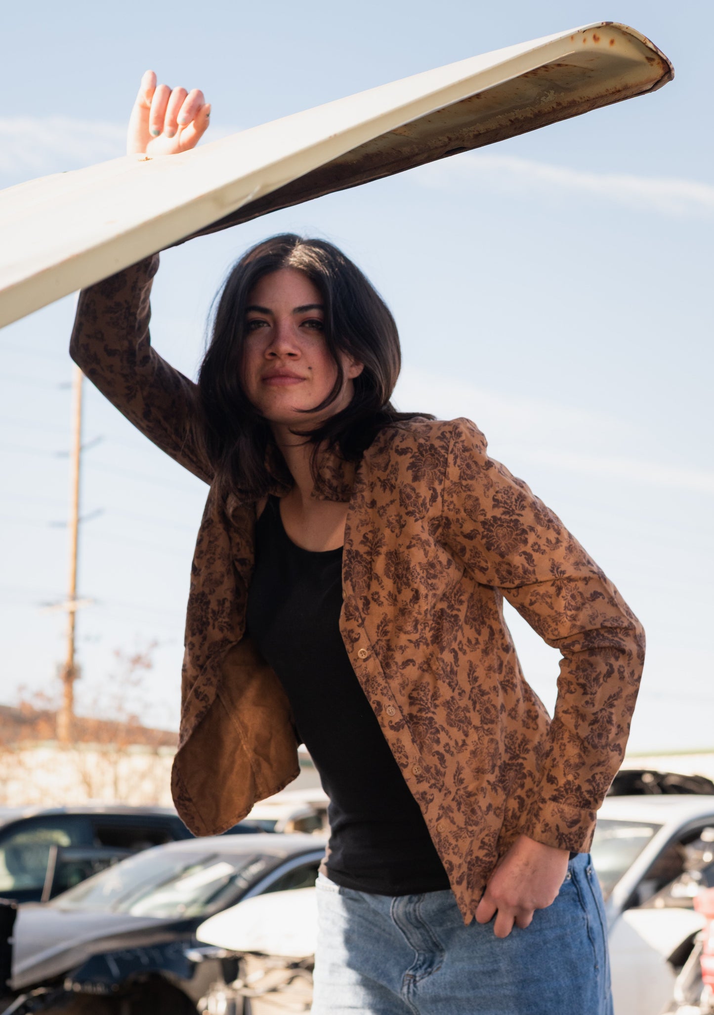 Brown Floral Print Button-Up