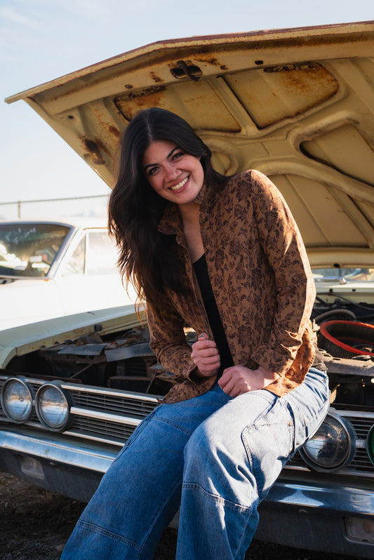 Brown Floral Print Button-Up