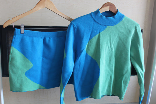 Bold Blue & Green 2 Piece Mini Skirt Set